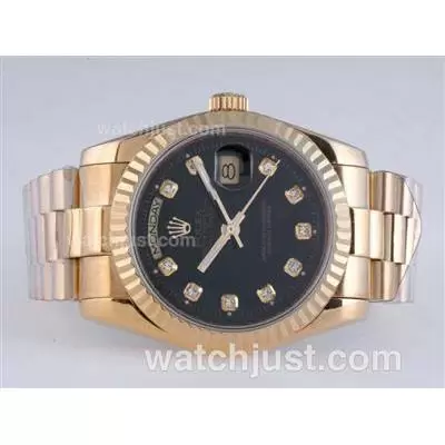 Rolex Day Date Automatic Full Gold Diamond Marking With Black Dial