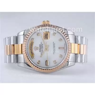 Rolex Day Date Automatic Movement Two Tone With White Dial Diamond Marking