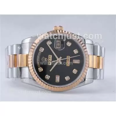 Rolex Day Date Automatic Movement Two Tone With Black Computer Dial Diamond Marking