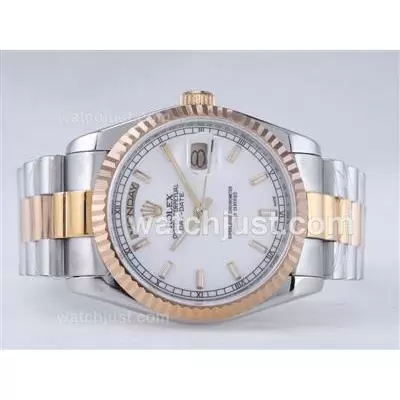 Rolex Day Date Automatic Movement Two Tone With White Dial Stick Marking