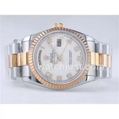 Rolex Day Date Automatic Movement Two Tone With White Wave Dial Number Marking