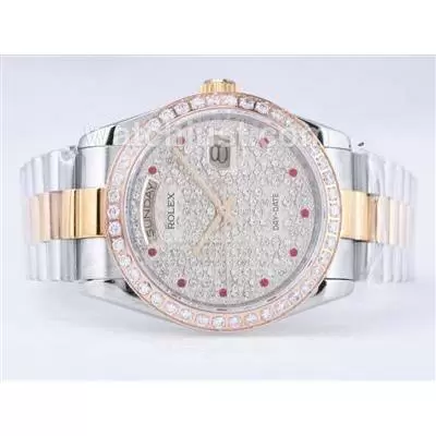 Rolex Day Date Automatic Movement Two Tone Diamond Bezel And Dial Red Marking