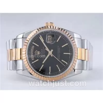 Rolex Day Date Automatic Movement Two Tone With Black Dial Stick Marking