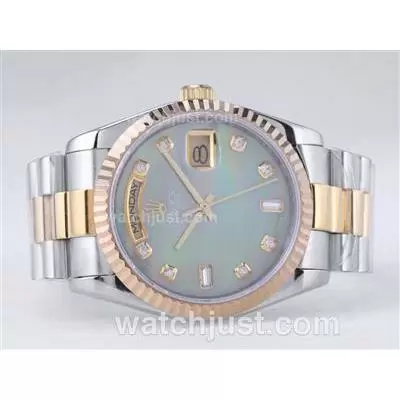 Rolex Day Date Automatic Movement Two Tone With Green Mop Dial Diamond Marking