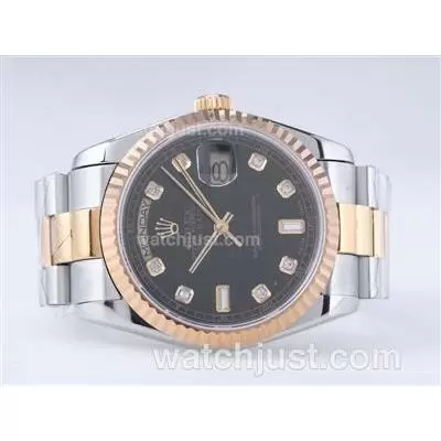 Rolex Day Date Automatic Movement Two Tone With Black Dial Diamond Marking