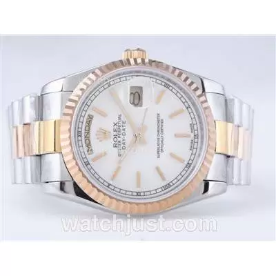 Rolex Day Date Automatic Movement Two Tone With White Dial Stick Marking