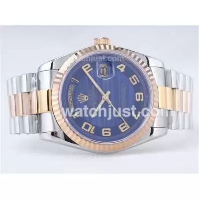 Rolex Day Date Automatic Movement Two Tone With Blue Wave Dial Number Marking