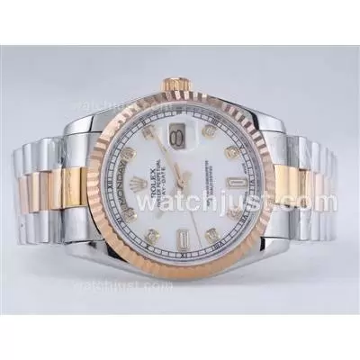 Rolex Day Date Automatic Movement Two Tone With White Dial Diamond Marking