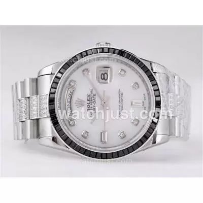 Rolex Day Date Automatic Movement Diamond Marking With Black Ruby Bezel White Dial