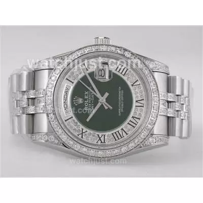 Rolex Day Date Automatic Movement Diamond Bezel With Green Dial Roman Marking