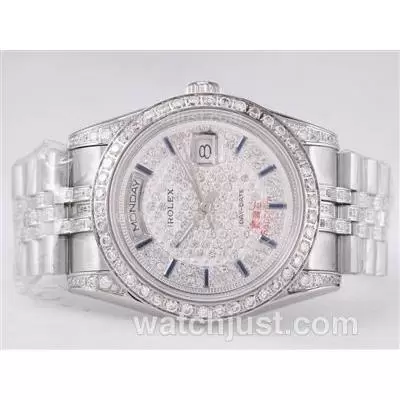 Rolex Day Date Automatic Movement Diamond Bezel And Dial Blue Marking