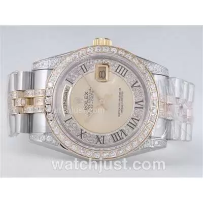 Rolex Day Date Automatic Movement Two Tone With Diamond Bezel With Golden Dial Roman Marking