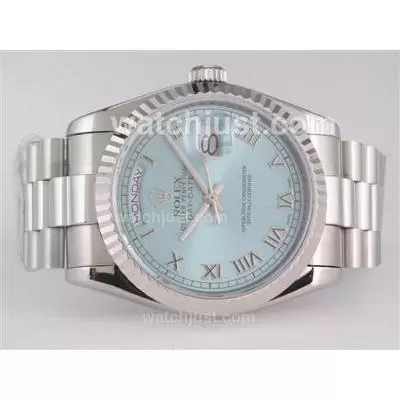 Rolex Day Date Automatic Movement With Light Blue Dial Roman Marking