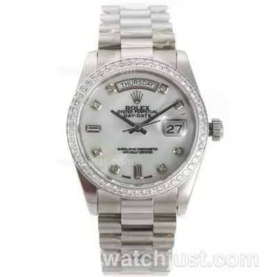 Rolex Day Date Automatic Movement Diamond Marking And Bezel With White Mop Dial