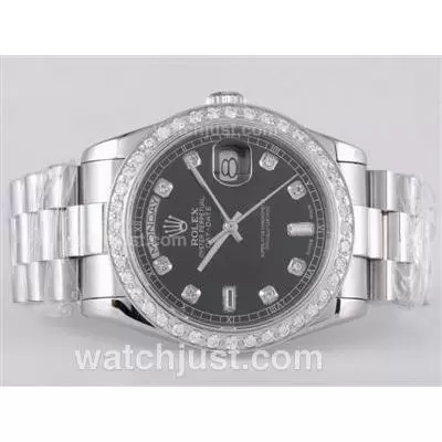 Rolex Day Date Automatic Movement Diamond Marking And Bezel With Black Dial