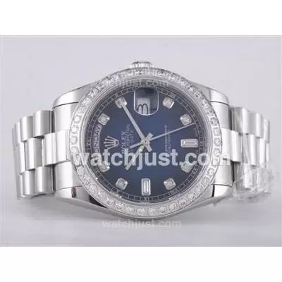 Rolex Day Date Automatic Movement Diamond Marking And Bezel With Blue Dial