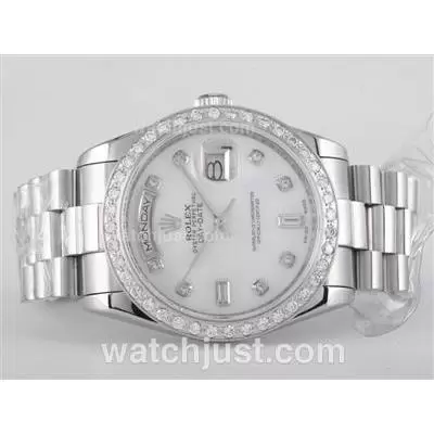 Rolex Day Date Automatic Movement Diamond Marking And Bezel With White Dial