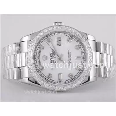 Rolex Day Date Automatic Movement Diamond Marking And Bezel With White Dial