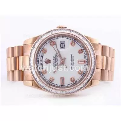 Rolex Day Date Automatic Movement Rose Gold Case White Dial Baguette Cz Diamond Bezel