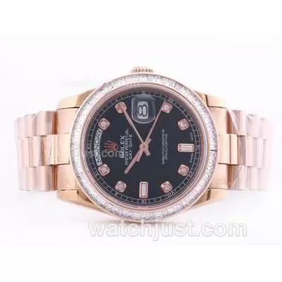 Rolex Day Date Automatic Movement Rose Gold Case Black Dial Baguette Cz Diamond Bezel