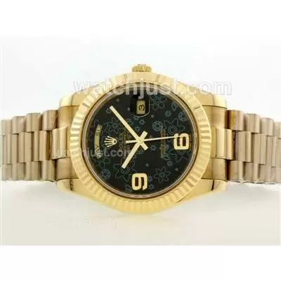 Rolex Day Date Automatic Movement Full Gold With Black Floral Motif Dial