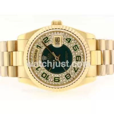 Rolex Day Date Automatic Movement Full Gold With Diamond Green Dial Number Marking