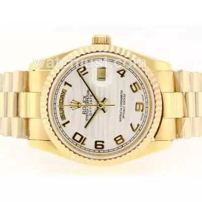 Rolex Day Date Automatic Movement Full Gold With White Wave Dial Number Marking