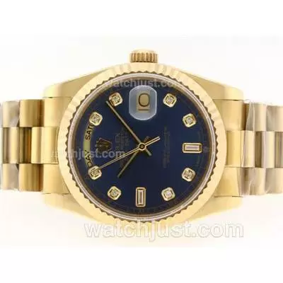 Rolex Day Date Automatic Movement Full Gold Diamond Marking With Blue Dial