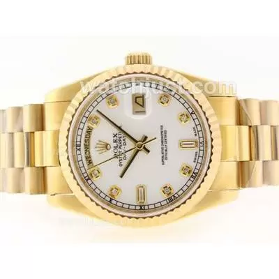 Rolex Day Date Automatic Movement Full Gold Diamond Marking With White Dial