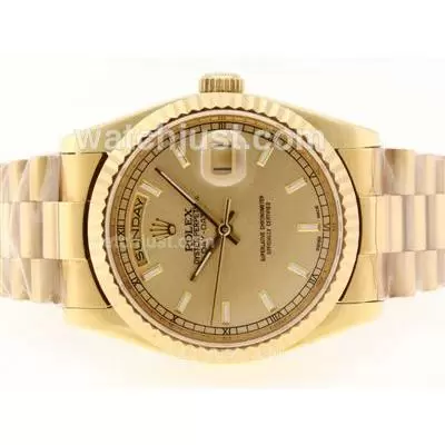 Rolex Day Date Automatic Movement Full Gold With Golden Dial Stick Marking