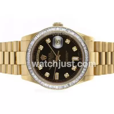 Rolex Day Date Automatic Movement 18k Full Gold With Cz Diamond Bezel With Black Dial