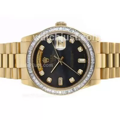 Rolex Day Date Automatic Movement Full Gold Cz Diamond Bezel With Black Mop Dial Same Structure As Version H