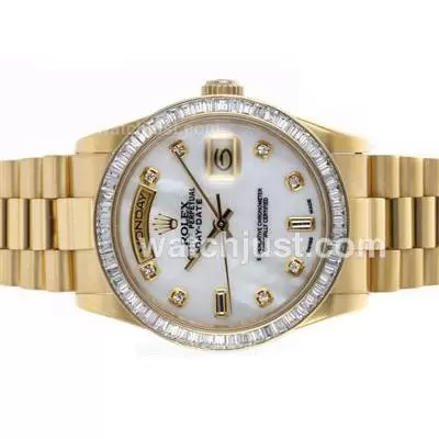 Rolex Day Date Automatic Movement Full Gold Cz Diamond Bezel With Mop Dial Same Structure Qu