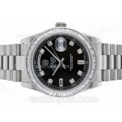 Rolex Day Date Automatic Movement Cz Diamond Bezel With Black Dial