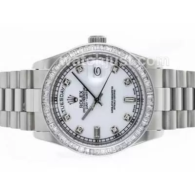 Rolex Day Date Automatic Movement Cz Diamond Bezel With White Dial