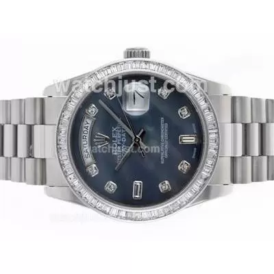 Rolex Day Date Automatic Movement Cz Diamond Bezel With Black Mop Dial