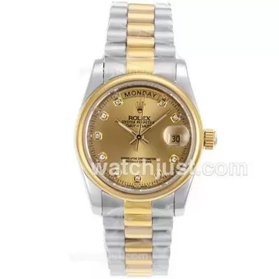 Rolex Day Date Automatic Two Tone Diamond Marking With Golden Dial Sapphire Glass