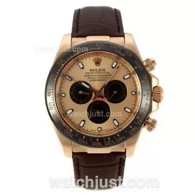 Rolex Daytona Ii Automatic Rose Gold Case Ceramic Bezel With Golden Dial Leather Strap