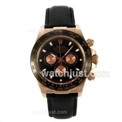 Rolex Daytona Ii Automatic Rose Gold Case Ceramic Bezel With Black Dial Leather Strap