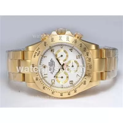 Rolex Daytona Working Full Gold With White Dial Number Marking