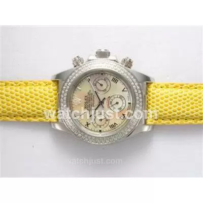 Rolex Daytona Automatic Diamond Bezel With Yellow Dial And Strap Lady Model