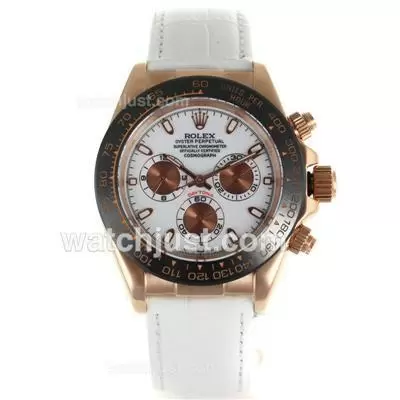 Rolex Daytona Automatic Rose Gold Case Ceramic Bezel With White Dial White Leather Strap