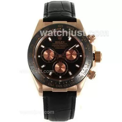 Rolex Daytona Automatic Rose Gold Case Ceramic Bezel With Black Dial Black Leather Strap