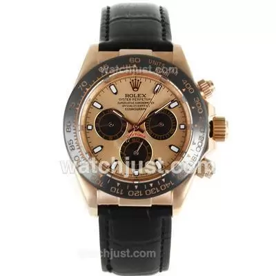 Rolex Daytona Automatic Rose Gold Case Ceramic Bezel With Champagne Dial Black Leather Strap