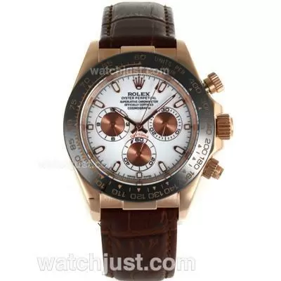 Rolex Daytona Automatic Rose Gold Case Ceramic Bezel With White Dial Brown Leather Strap