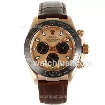 Rolex Daytona Automatic Rose Gold Case Ceramic Bezel With Champagne Dial Brown Leather Strap