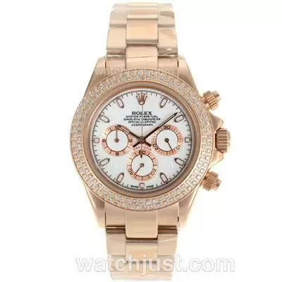 Rolex Daytona Working Full Rose Gold Diamond Bezel Stick Markers With White Dial