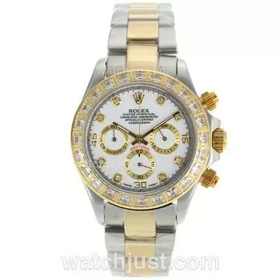 Rolex Daytona Working Two Tone Cz Diamond Bezel Diamond Markers With White Dial