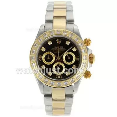 Rolex Daytona Working Two Tone Cz Diamond Bezel Diamond Markers With Black Dial