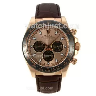 Rolex Daytona Working Rose Gold Case Ceramic Bezel With Golden Dial Stick Markers Leather Strap